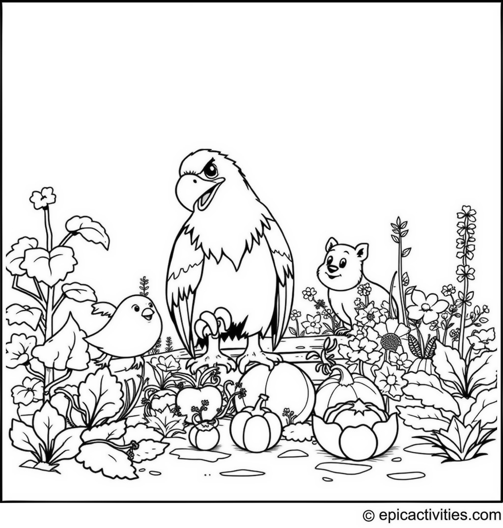 Coloring page of a cartoon eagle tending to a vegetable garden with animals