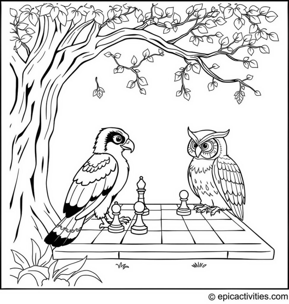 Coloring page of a Cartoon Falcon and Wise Old Owl Playing Chess Under a Magical Tree