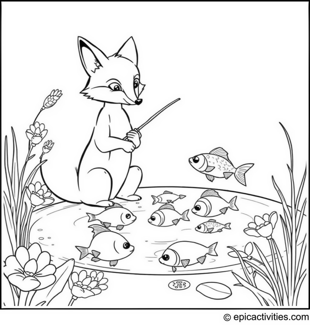 Coloring page of a Cartoon Fox Fishing in a Pond with Exotic Fish