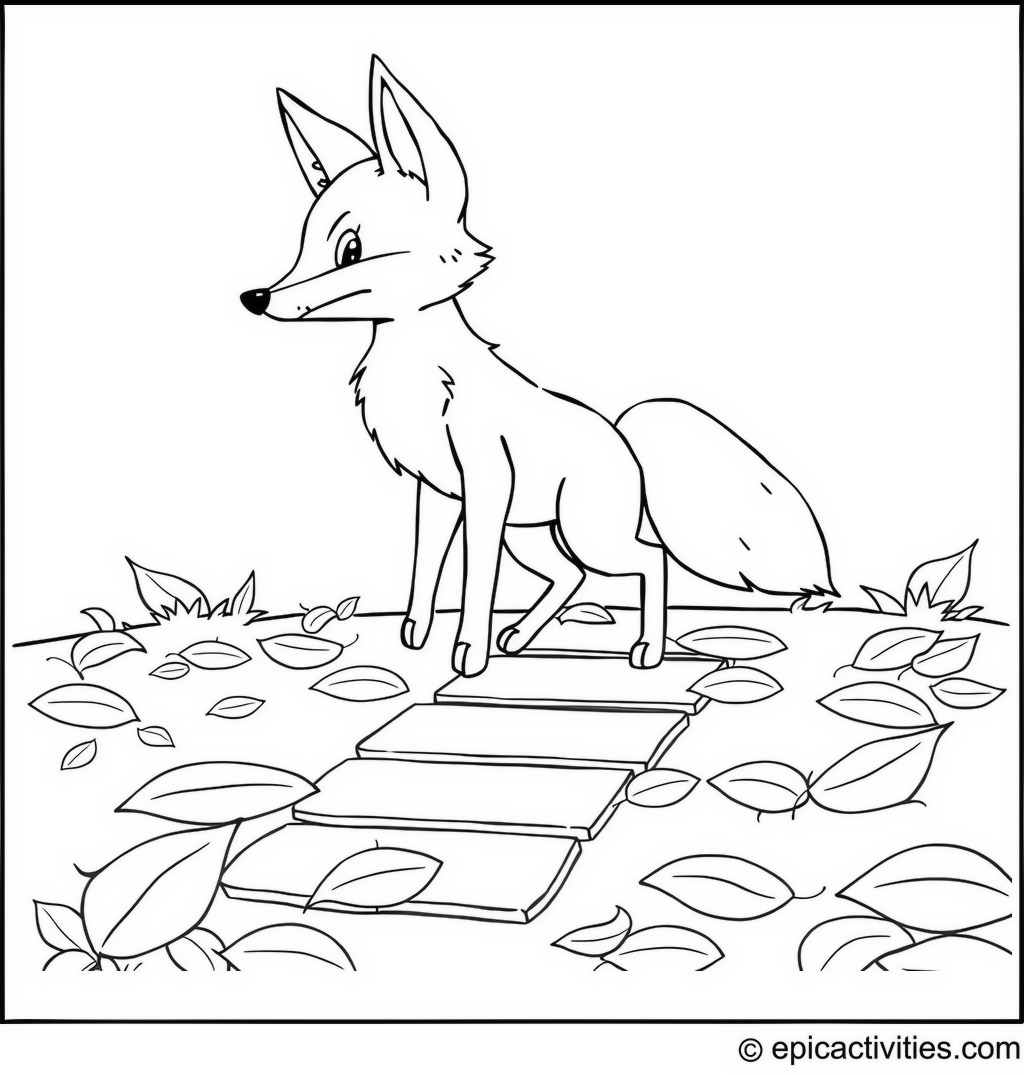 Coloring page of a cartoon fox playing hopscotch on a leaf path