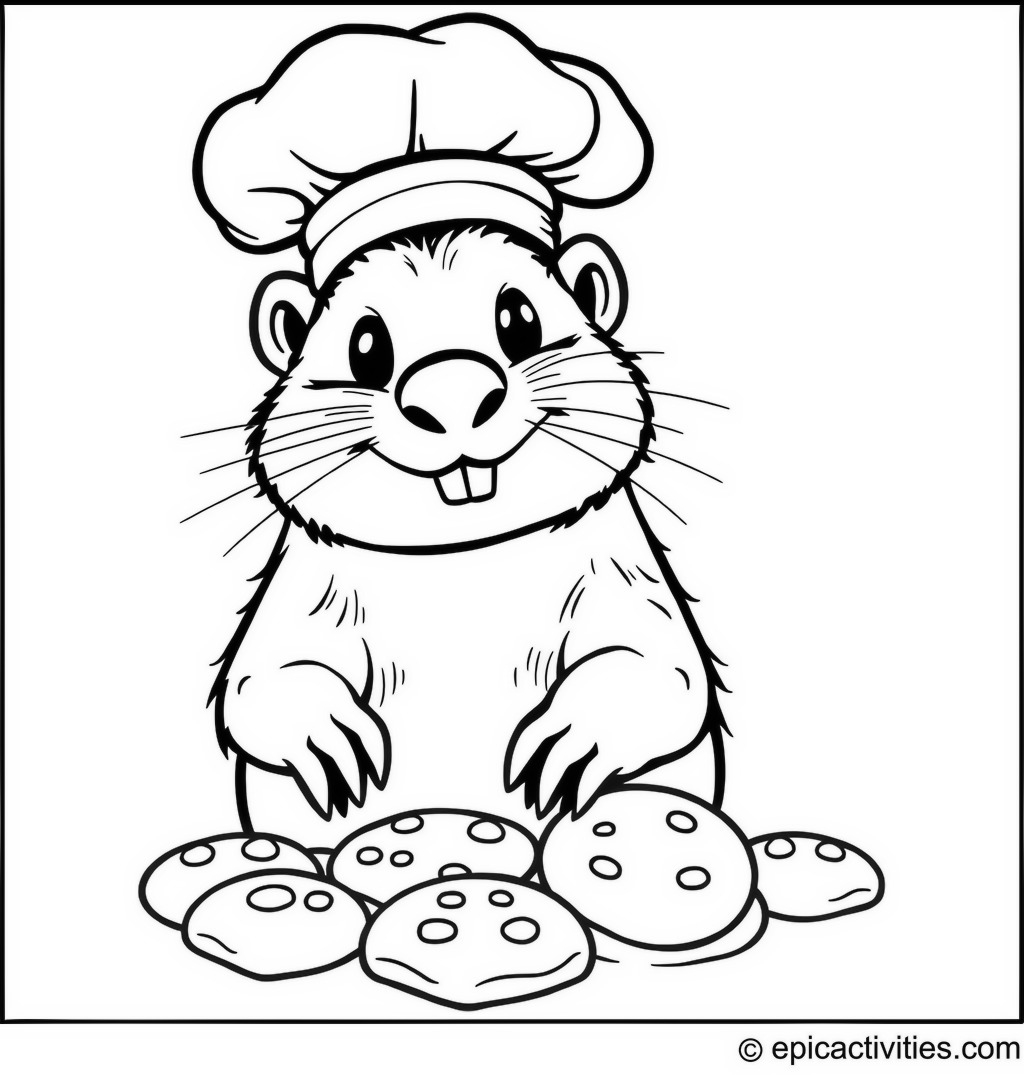 Coloring page of a cartoon gopher in a chef’s hat making colorful cookies