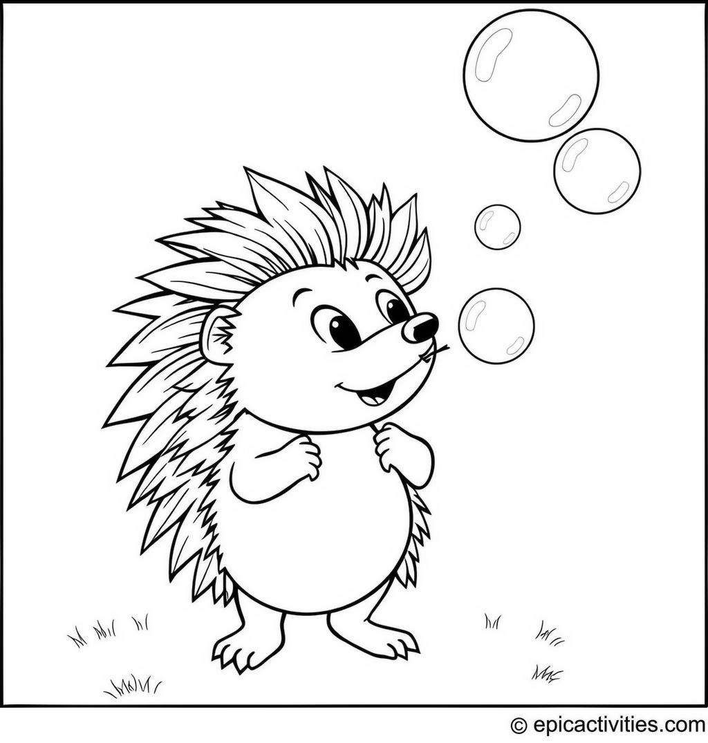 Coloring page of a Cartoon Hedgehog Blowing Bubbles into the Sky