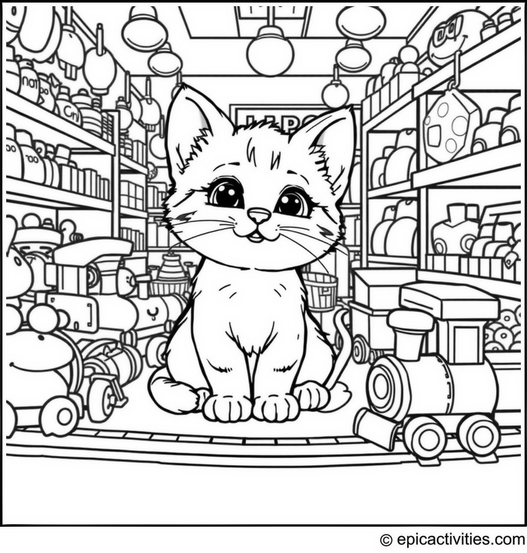 Coloring page of a cartoon kitten playing in a toy store