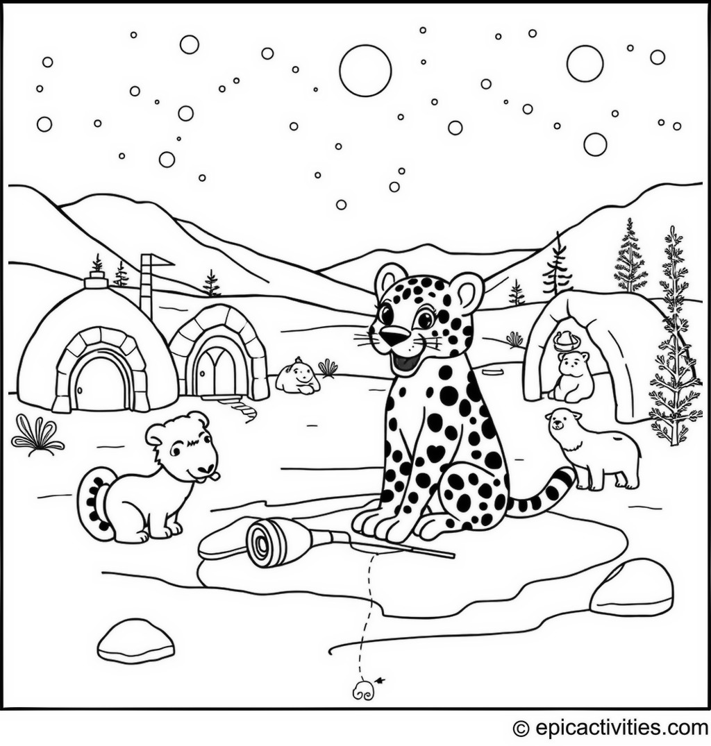 Coloring page of a Cartoon Leopard and Friends Ice Fishing in a Snowy Landscape with Igloos and Polar Animals