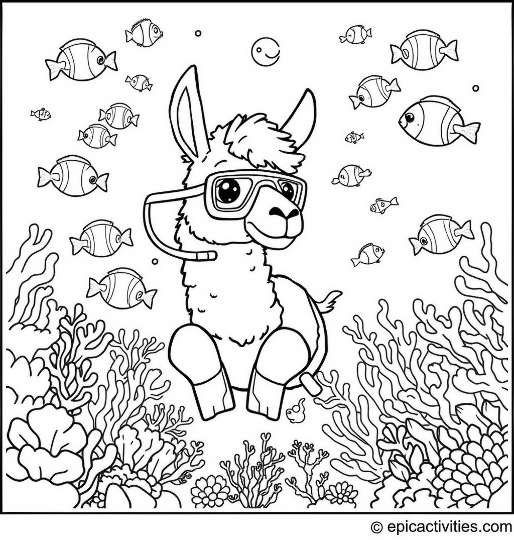 Coloring page of a Cartoon Llama Diving Underwater with a Snorkel and Flippers