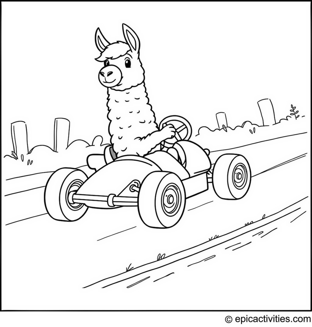 Coloring page of a Cartoon Llama Driving a Race Car