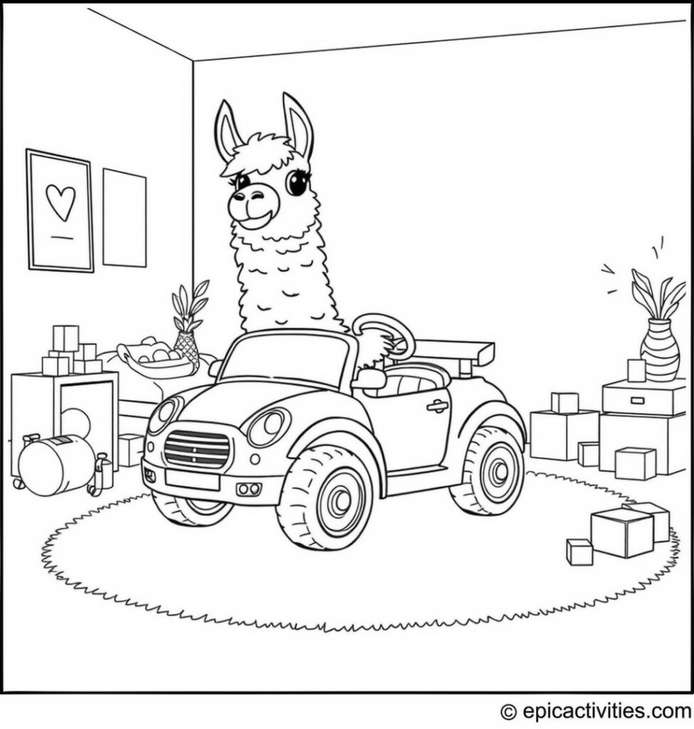 Coloring page of a Cartoon Llama Driving a Toy Car in a Playroom