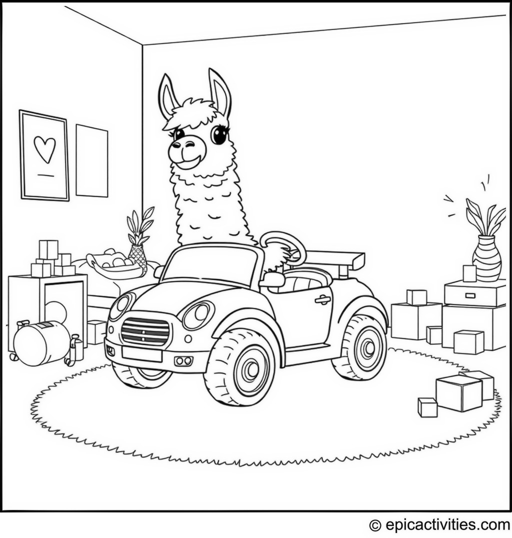 Coloring page of a Cartoon Llama Driving a Toy Car in a Playroom