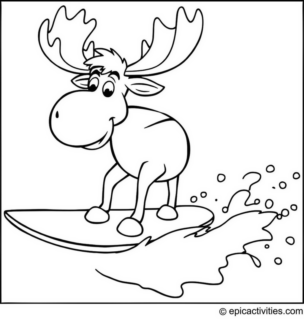 Coloring page of a Cartoon Moose Surfing on Simple Cartoon Waves