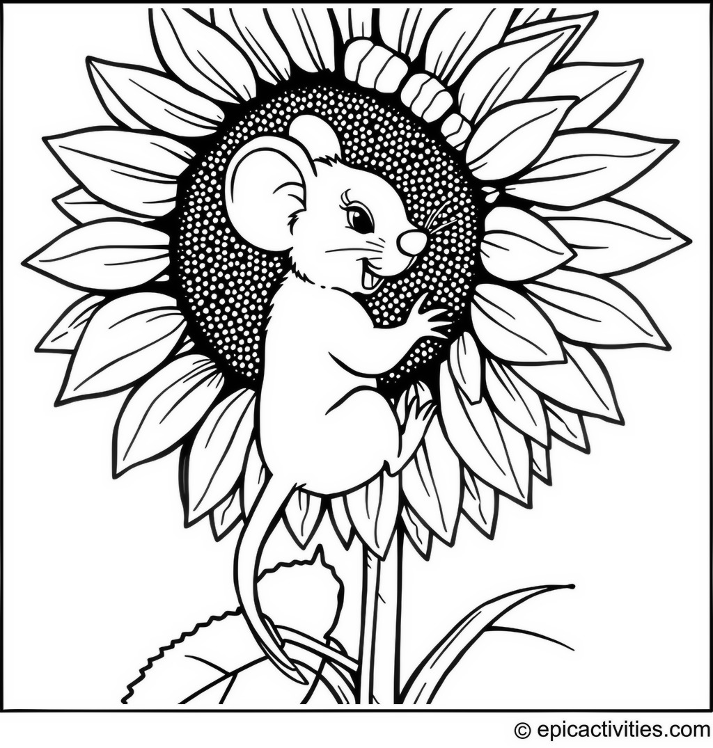 Coloring page of a Cartoon Mouse Climbing a Sunflower