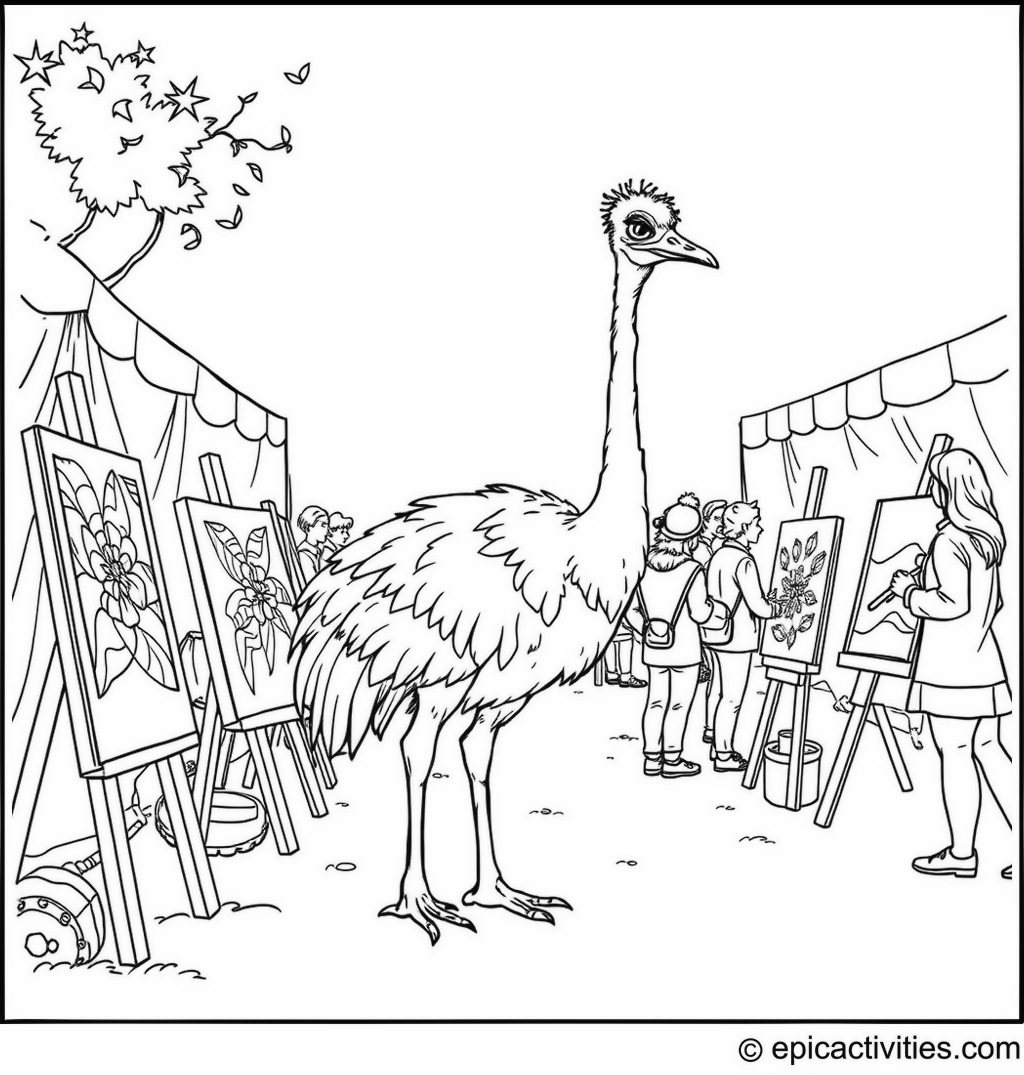 Coloring page of a cartoon ostrich at an art fair