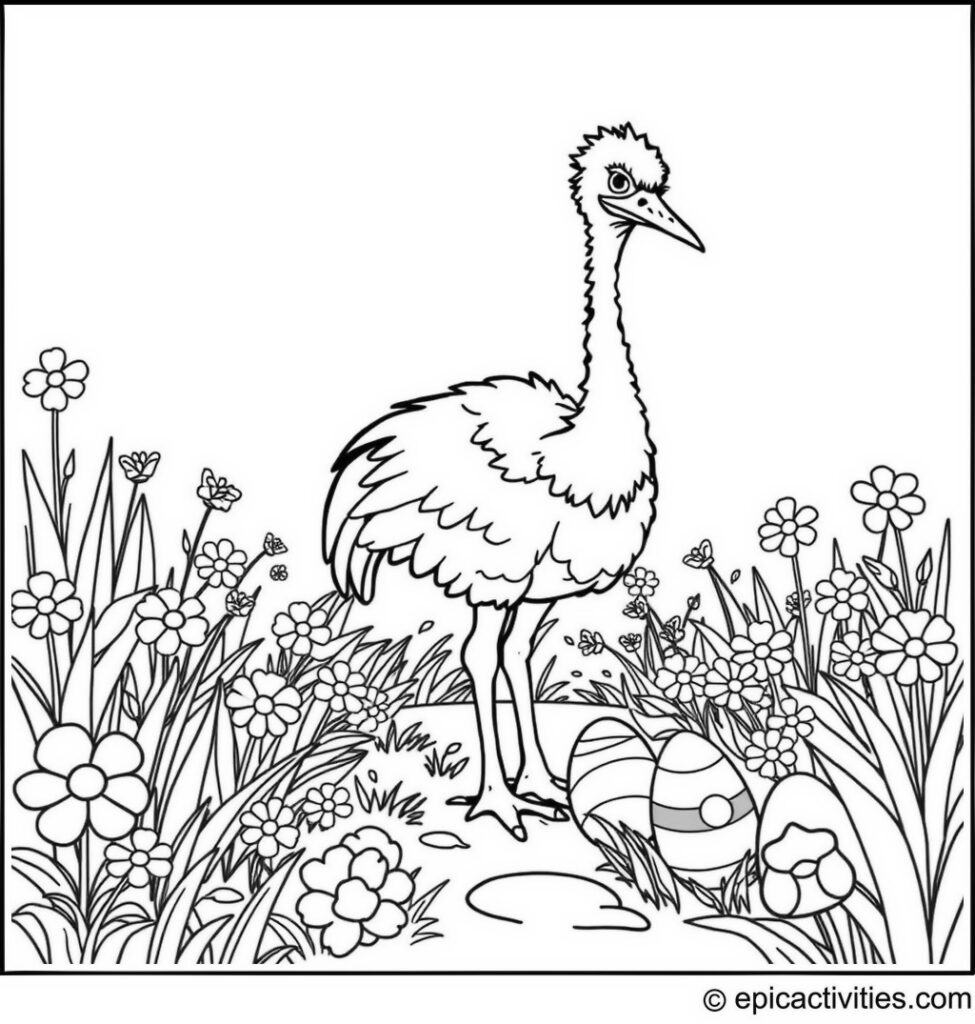 Coloring page of a Cartoon Ostrich Collecting Easter Eggs in a Colorful Springtime Garden