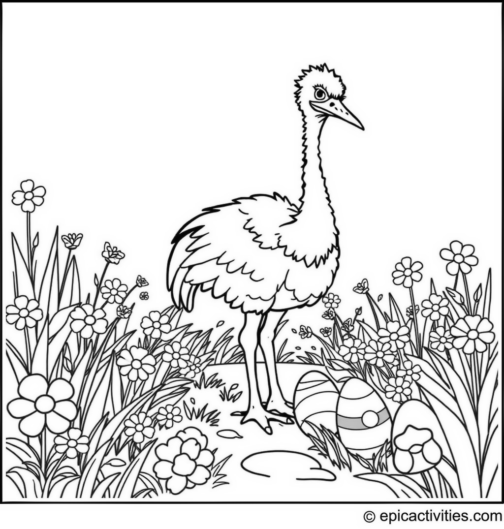 Coloring page of a Cartoon Ostrich Collecting Easter Eggs in a Colorful Springtime Garden