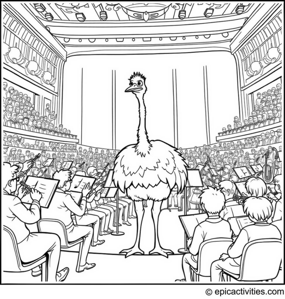 Coloring page of a Cartoon Ostrich Conducting an Orchestra