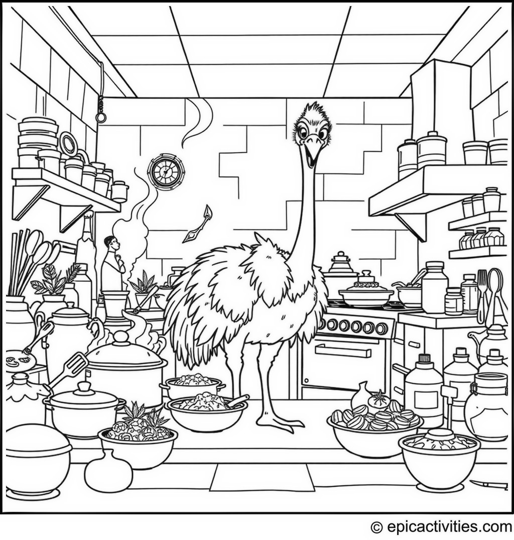 Coloring page of a cartoon ostrich creating a buffet in a busy kitchen