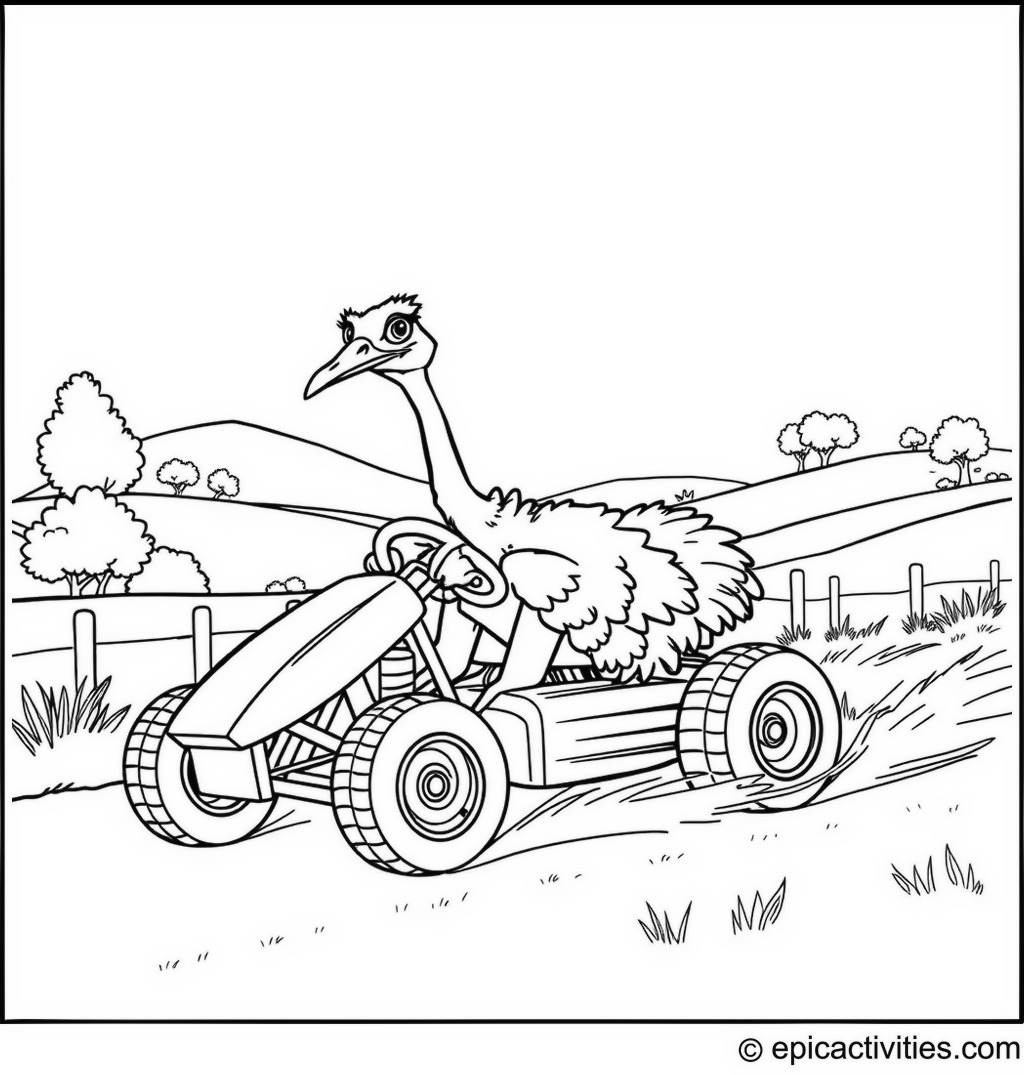 Coloring page of a cartoon ostrich driving a colorful go-kart in a race through the countryside