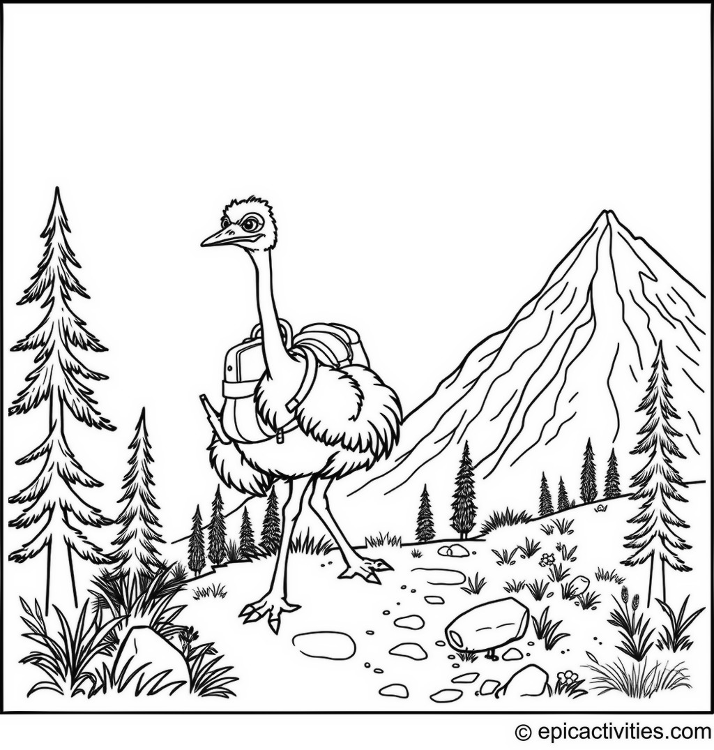 Coloring page of a Cartoon Ostrich Hiking Up a Mountain Trail
