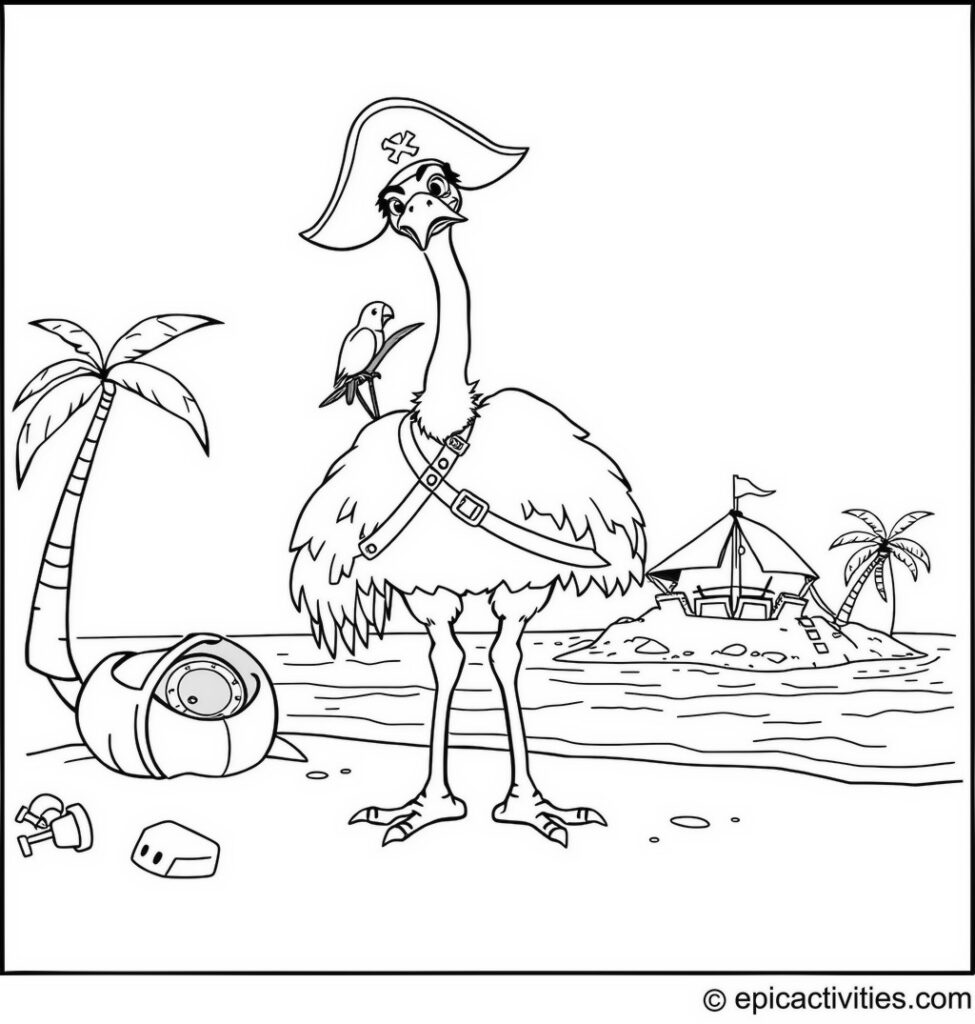 Coloring page of a cartoon ostrich in a pirate outfit with a parrot on its shoulder on a treasure island beach