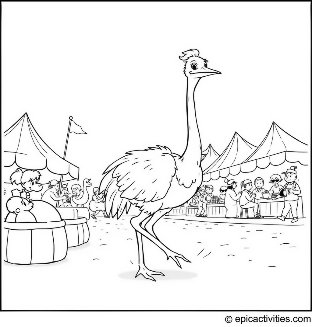 Coloring page of a cartoon ostrich in a sack race at a cute cartoon fair