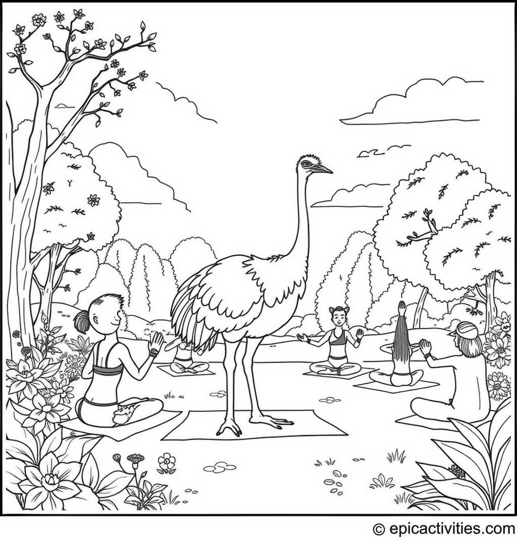 Coloring page of a Cartoon Ostrich Leading a Yoga Class in a Serene Park