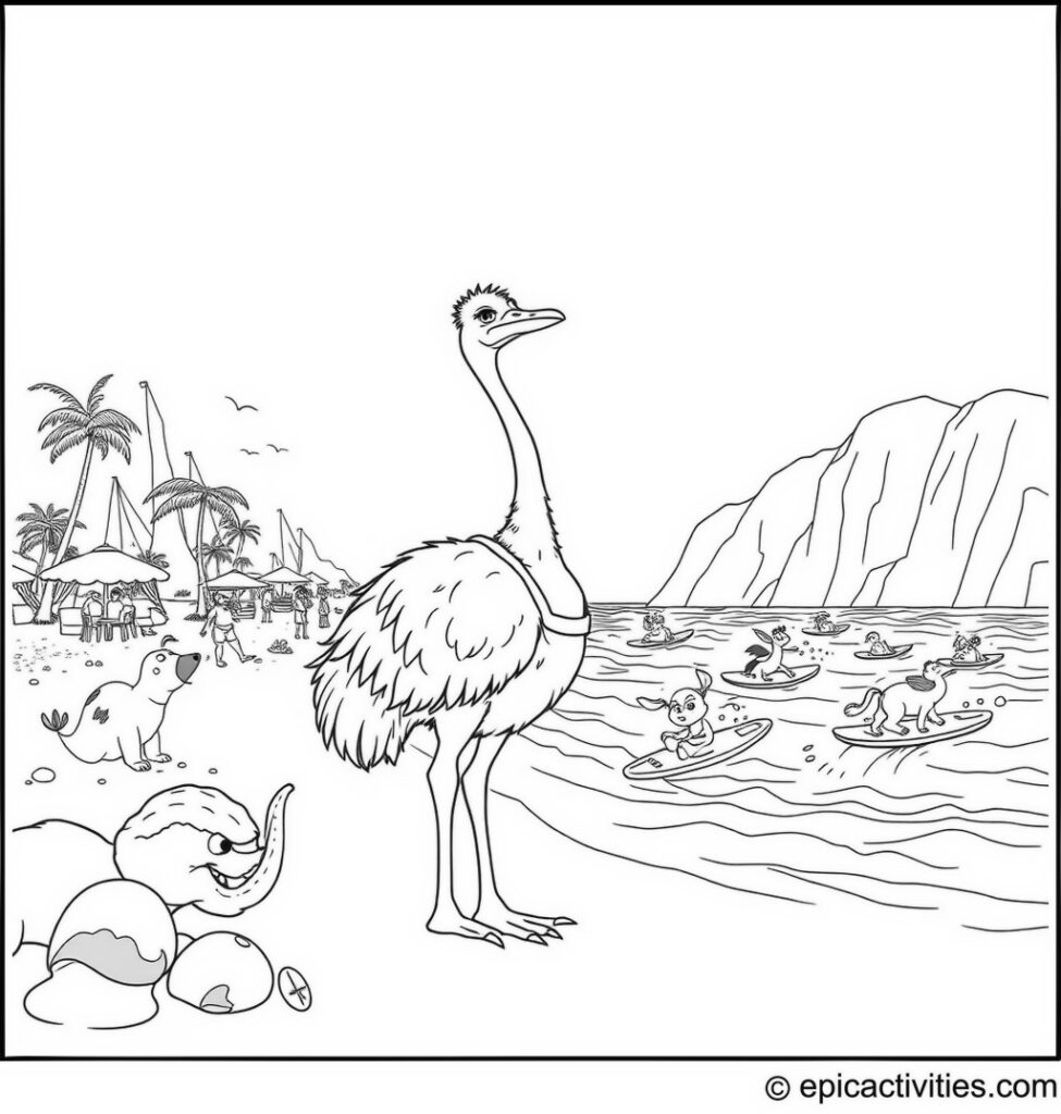 Coloring page of a cartoon ostrich lifeguard on a busy beach scene