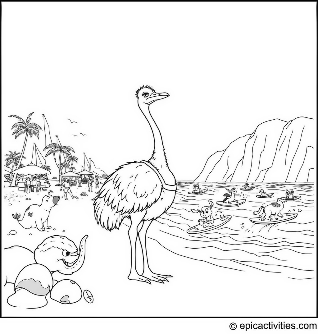 Coloring page of a cartoon ostrich lifeguard on a busy beach scene