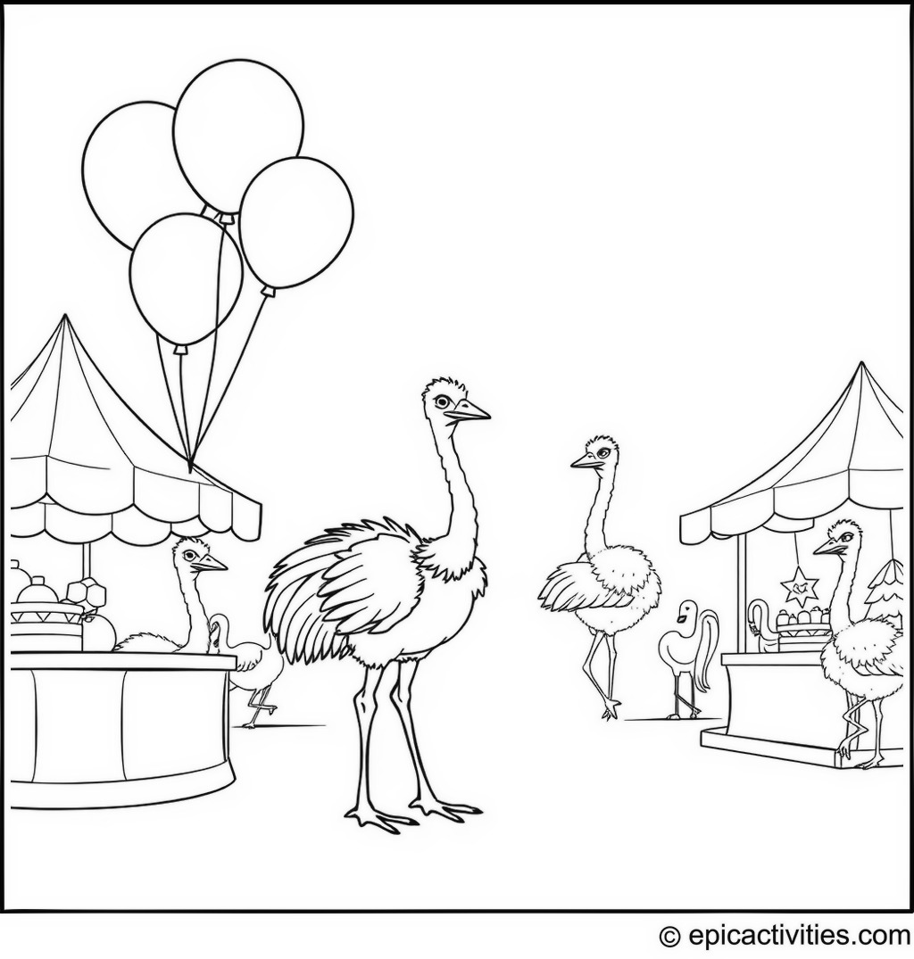 Coloring page of a cartoon ostrich offering cute ostrich-shaped balloons at a fun fair