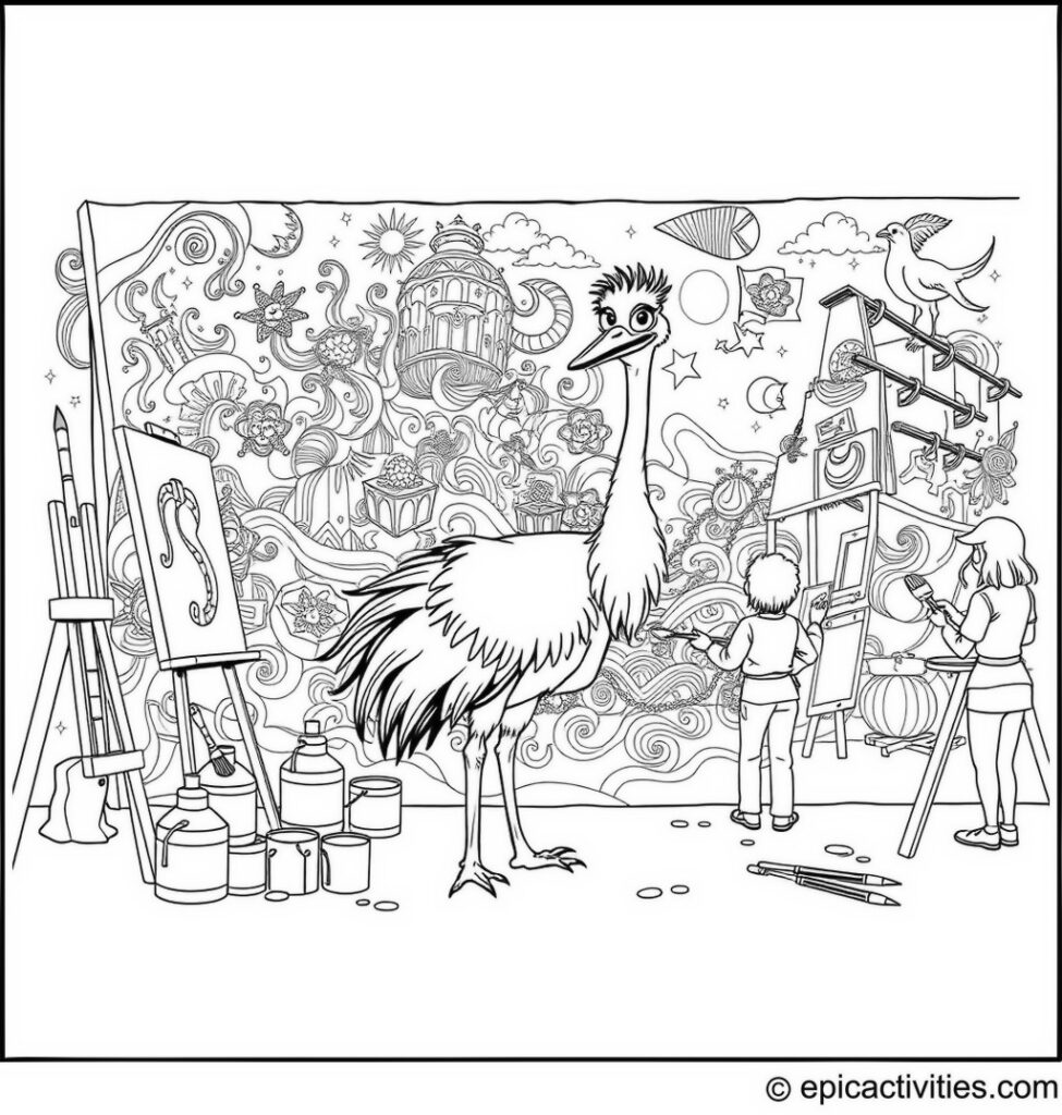 Coloring page of a Cartoon Ostrich Painting a Mural