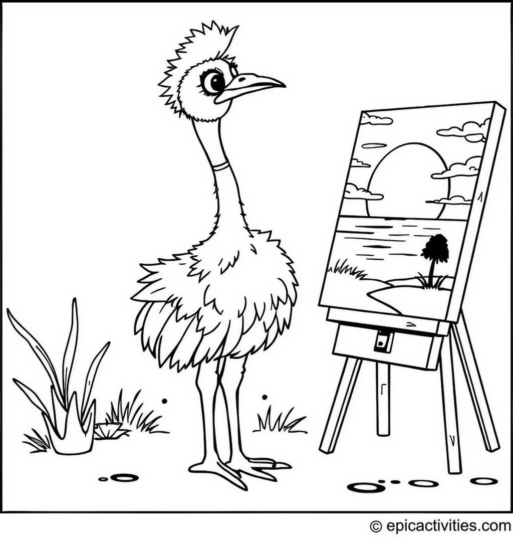 Coloring page of a Cartoon Ostrich Painting a Beautiful Sunset