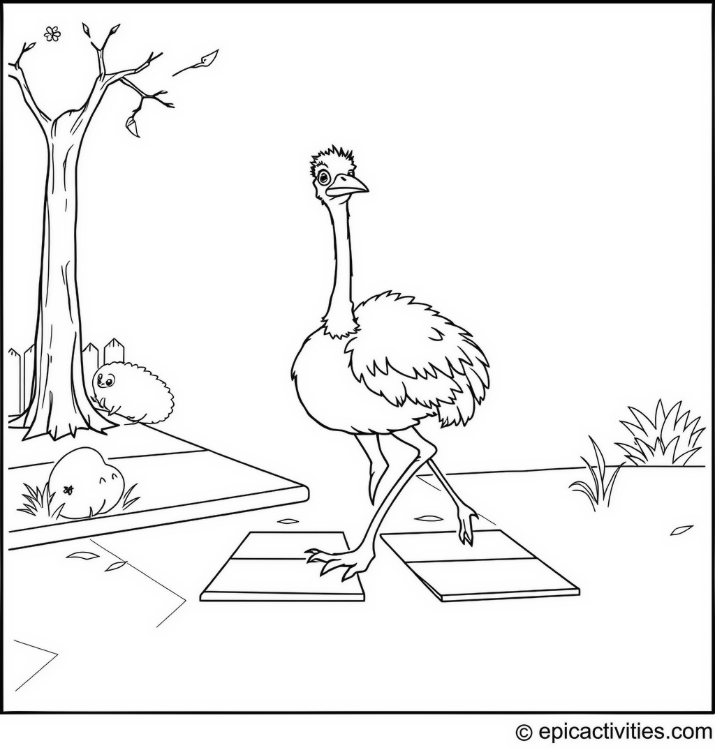 Coloring page of a Cartoon Ostrich Playing Hopscotch with Friends