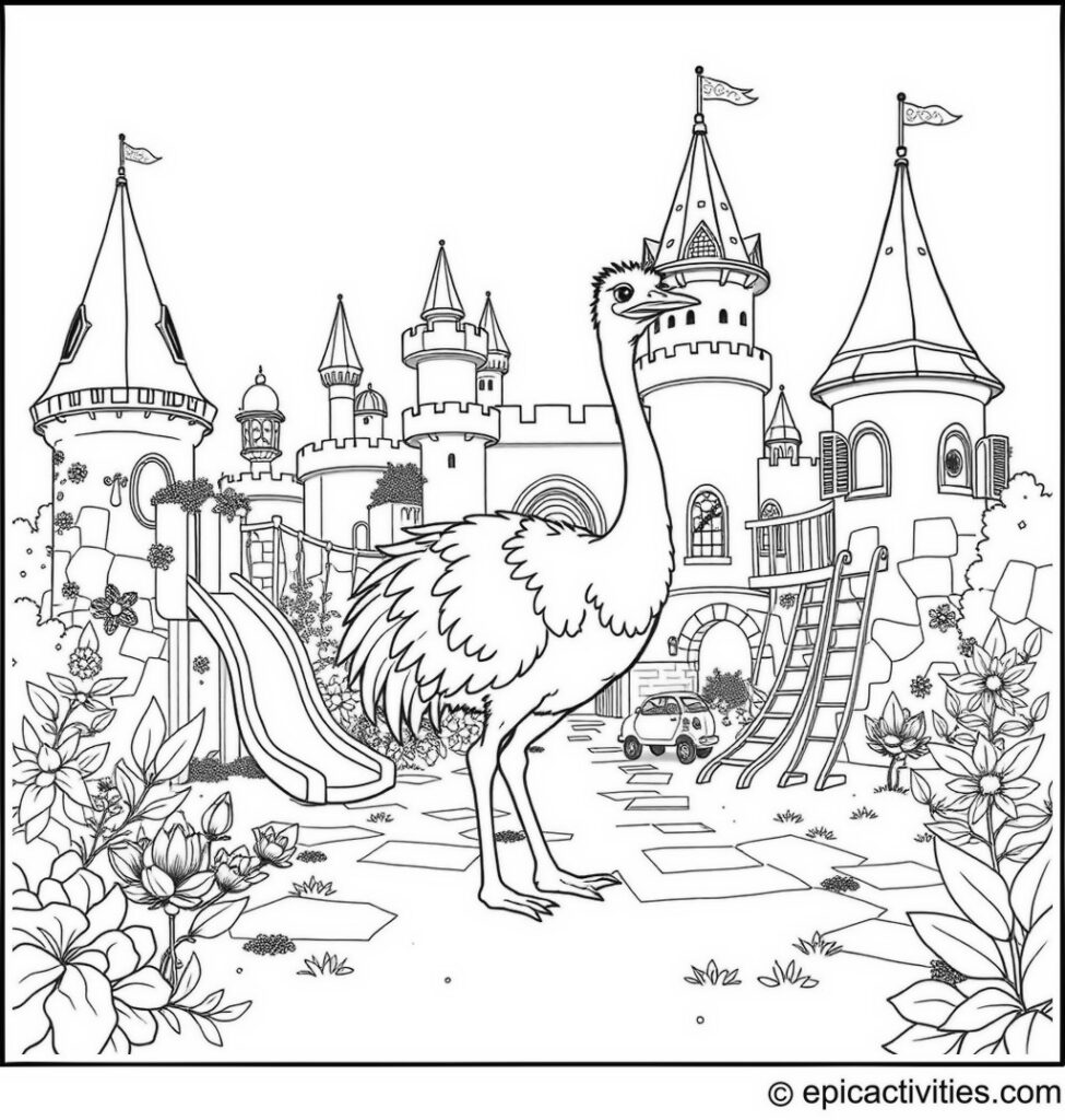 Coloring page of a Cartoon Ostrich Playing in a Castle Playground