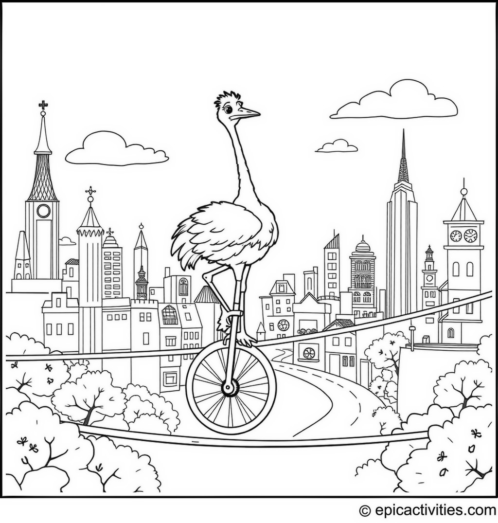 Coloring page of a Cartoon Ostrich Riding a Unicycle on a Tightrope with a Whimsical Cityscape Background