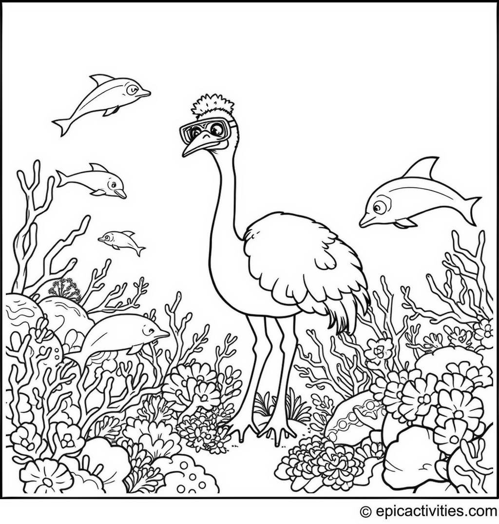 Coloring page of a Cartoon Ostrich Snorkeling in a Coral Reef with Dolphins and Fish
