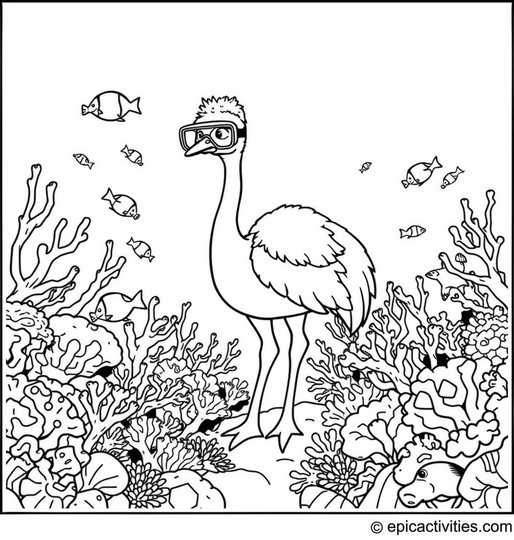 Coloring page of a cartoon ostrich snorkeling in a colorful coral reef