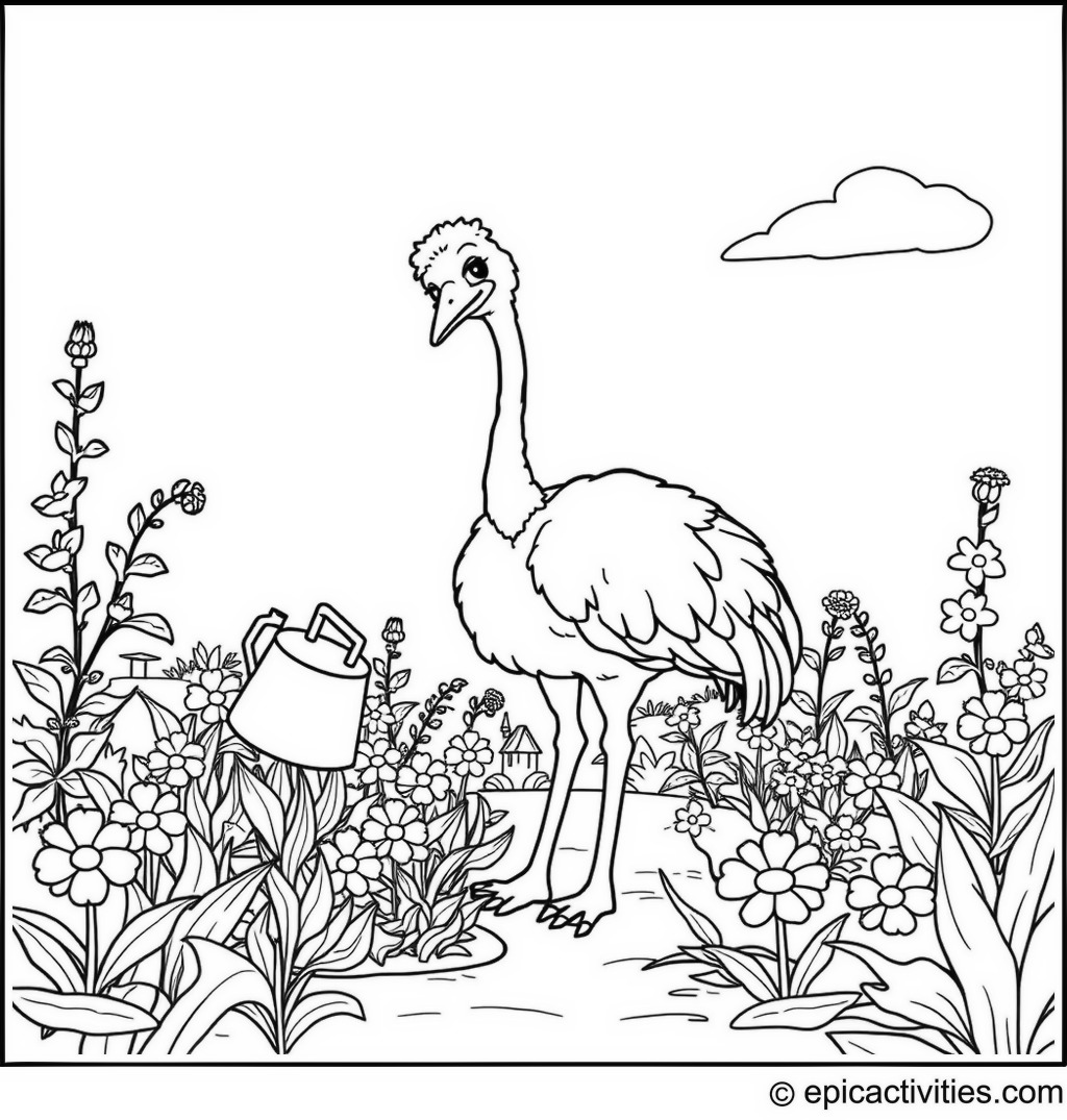 Coloring page of a cartoon ostrich watering flowers in a community garden