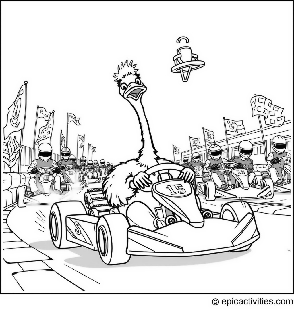 Coloring page of a Cartoon Ostrich Winning a Kart Racing Trophy