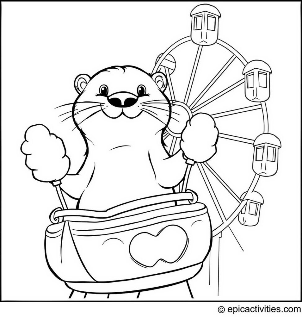 Coloring page of a Cartoon Otter at a Carnival with Cotton Candy and Ferris Wheel