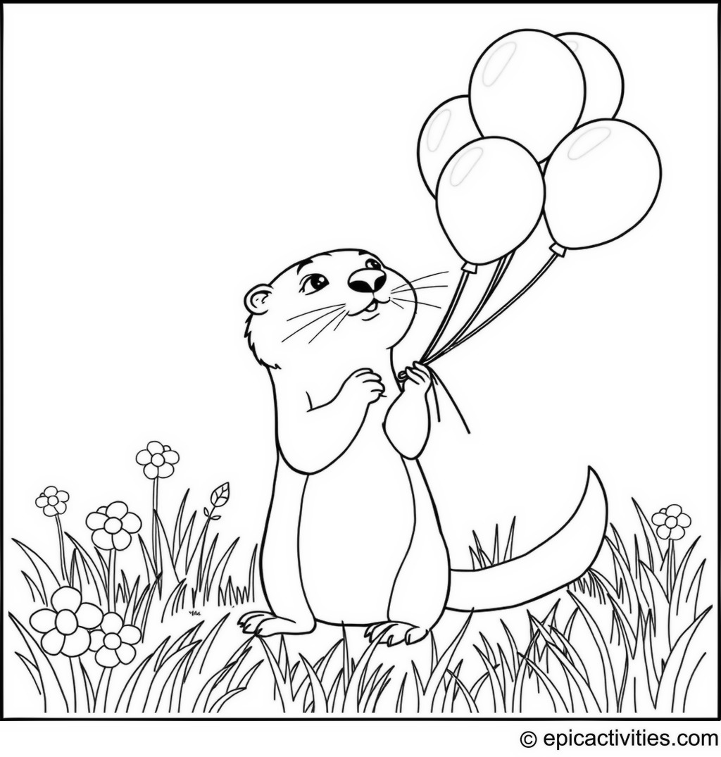 Coloring page of a Cartoon Otter Blowing Up Colorful Balloons in a Meadow