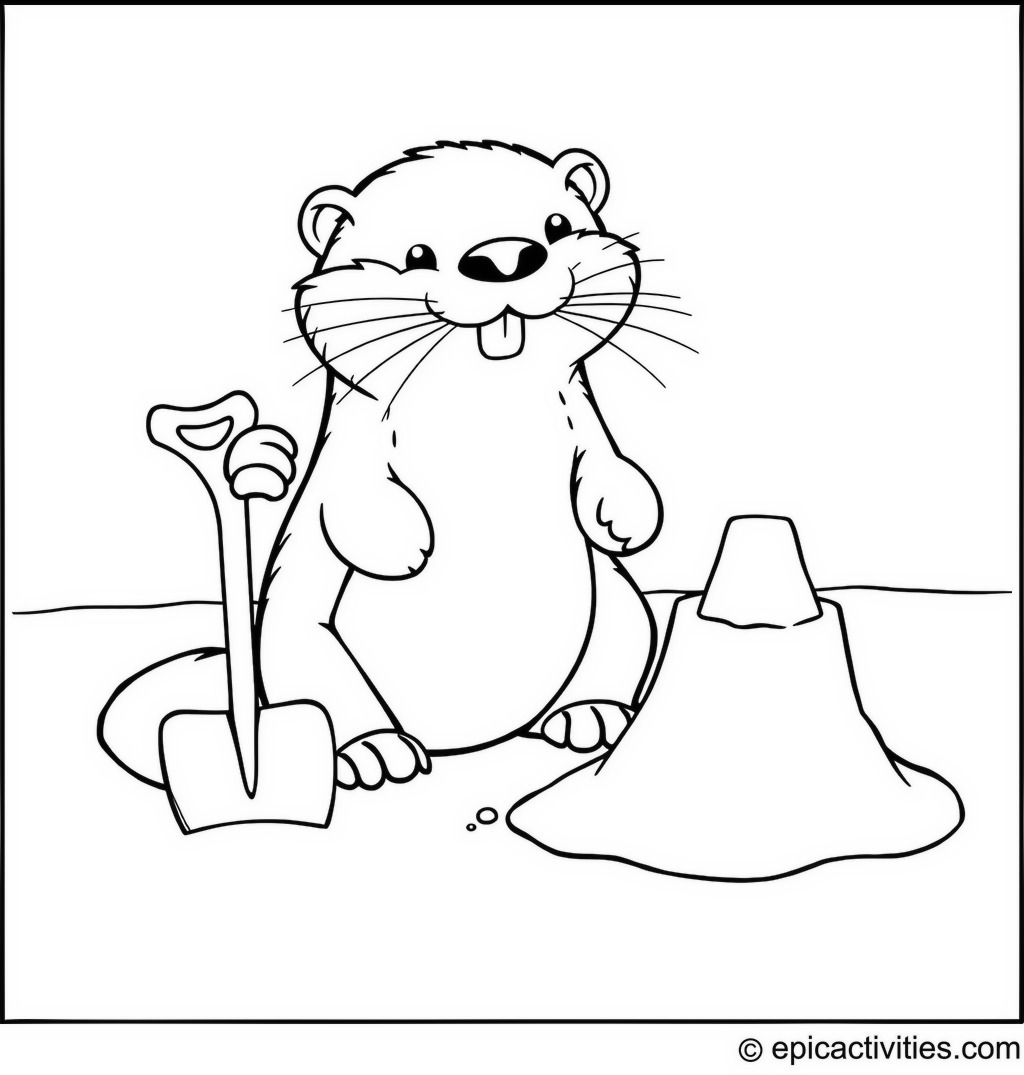 Coloring page of a Cartoon Otter Building a Sandcastle by the Shore