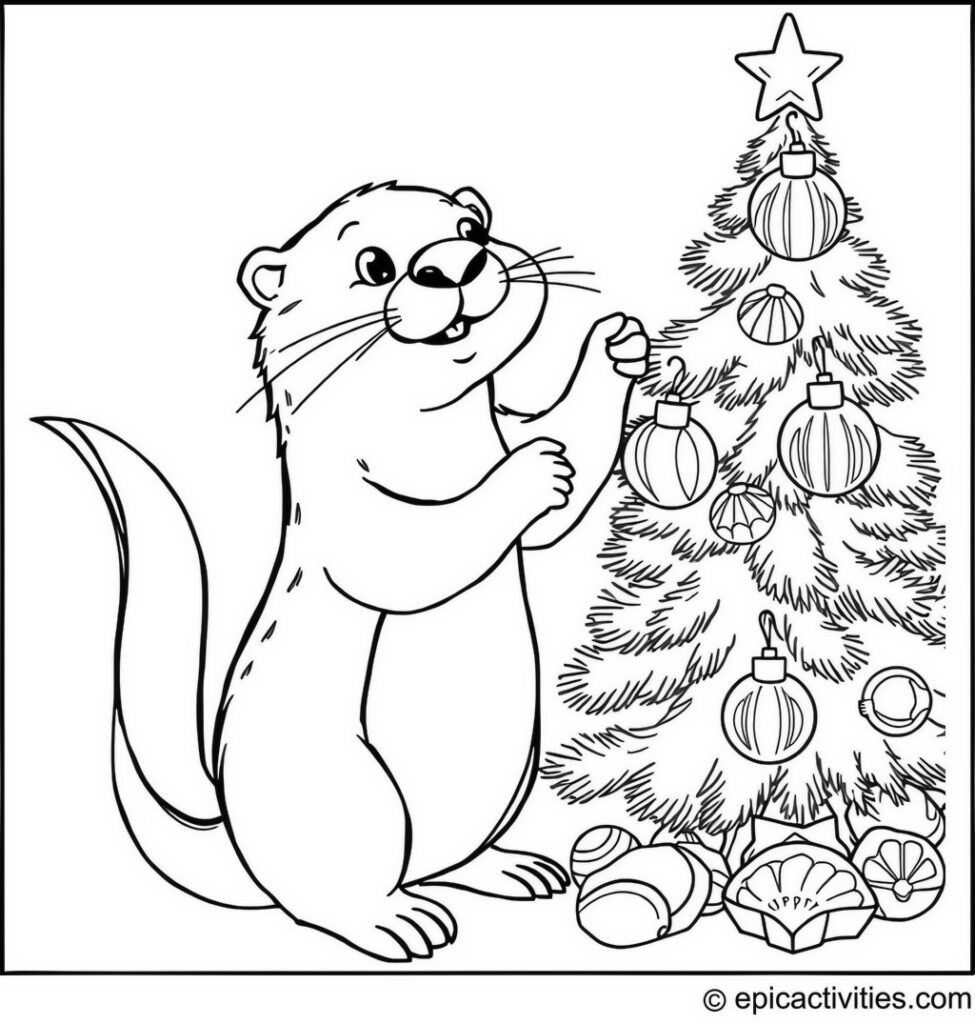 Coloring page of a Cartoon Otter Decorating a Christmas Tree with Seashell Ornaments