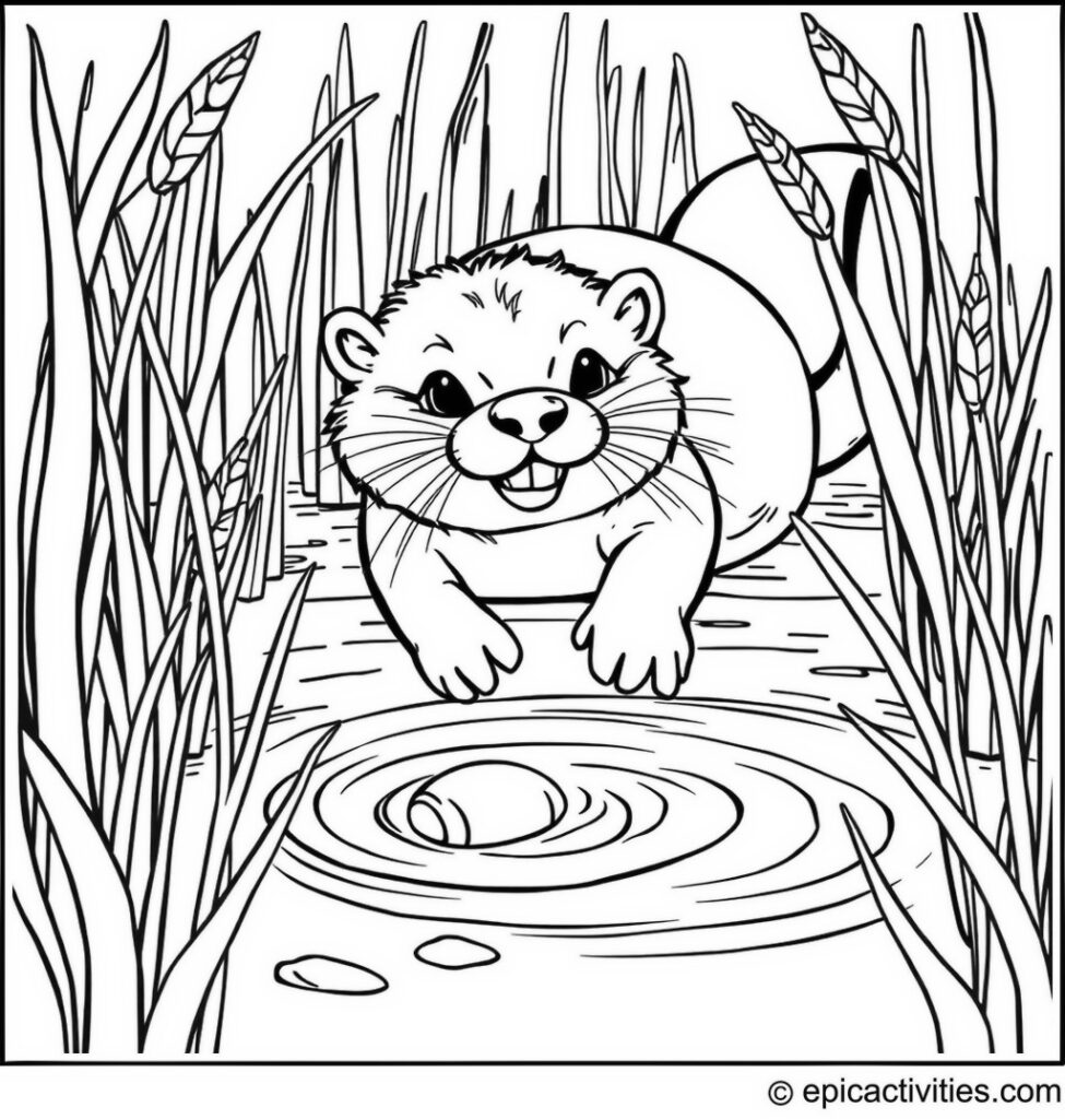 Coloring page of a Cartoon Otter Diving into a Pond to Find Hidden Treasures