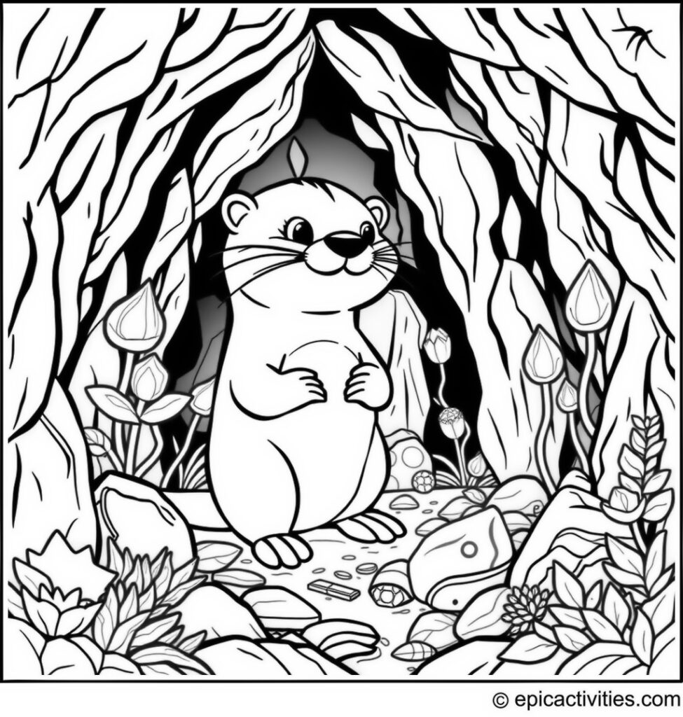 Coloring page of a Cartoon Otter Exploring a Mystical Cave