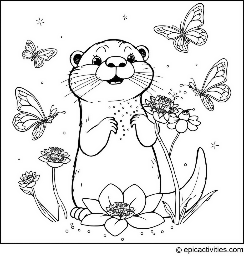 Coloring page of a Cartoon Otter Helping Butterflies Decorate a Flower with Glitter