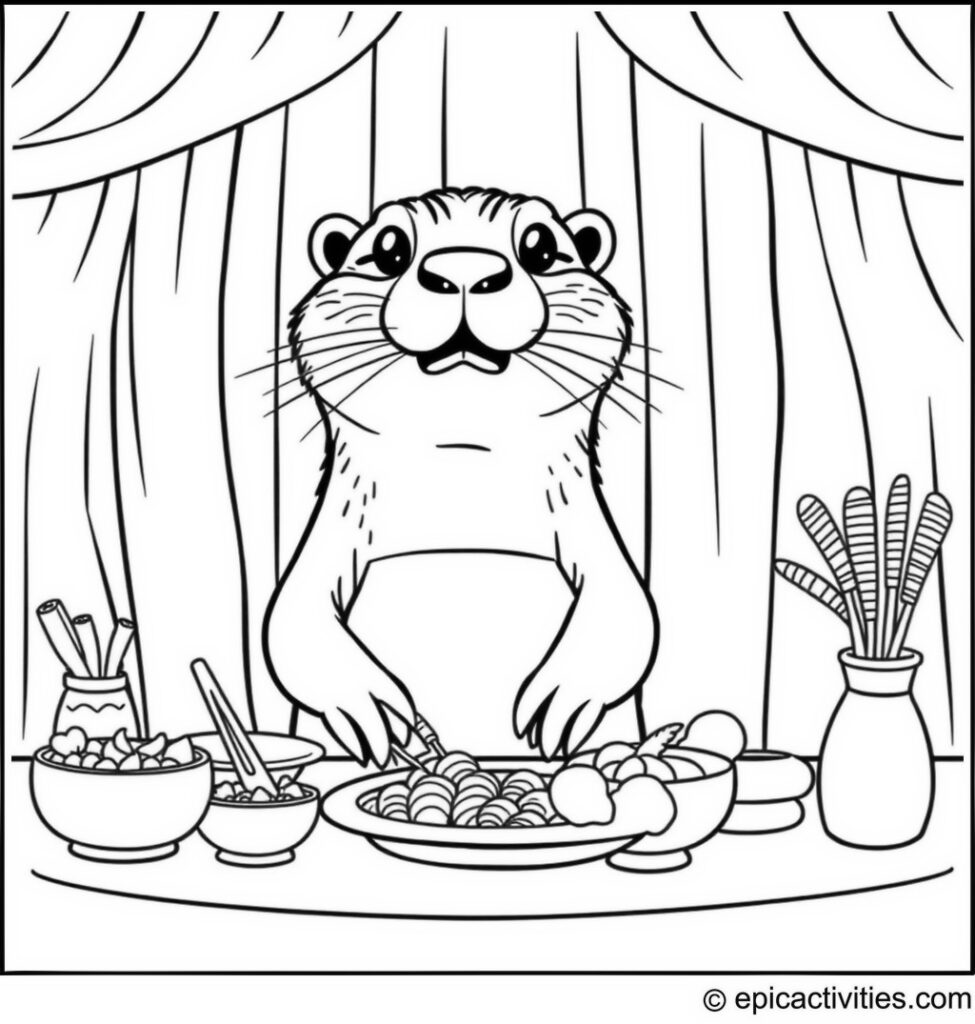 Coloring page of a cartoon otter hosting a cooking show for animals with quirky dishes