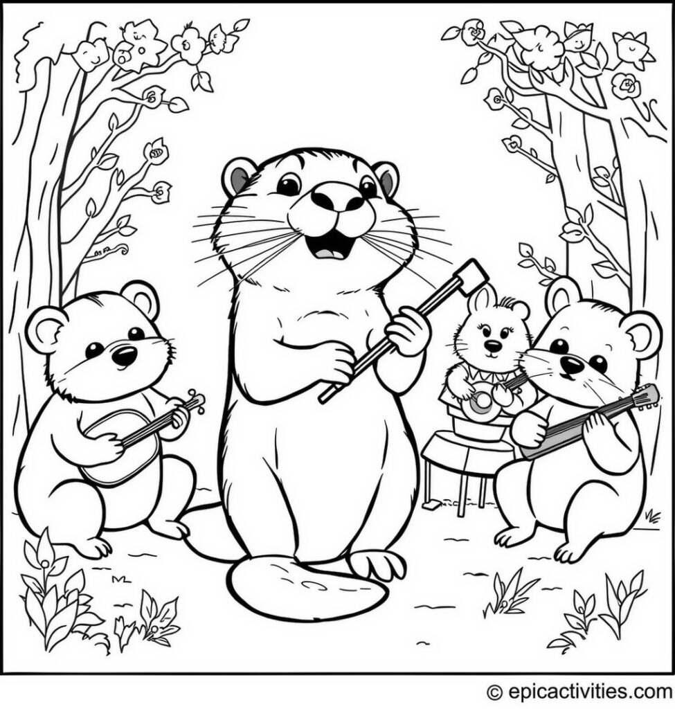 Coloring page of a cartoon otter leading an orchestra of woodland creatures playing tiny instruments