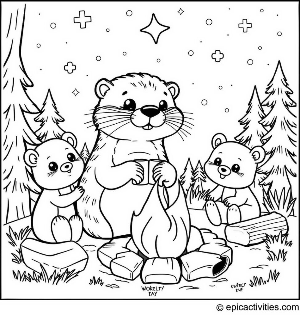 Coloring page of a Cartoon Otter Making S’mores by a Campfire with Woodland Friends under a Starry Sky