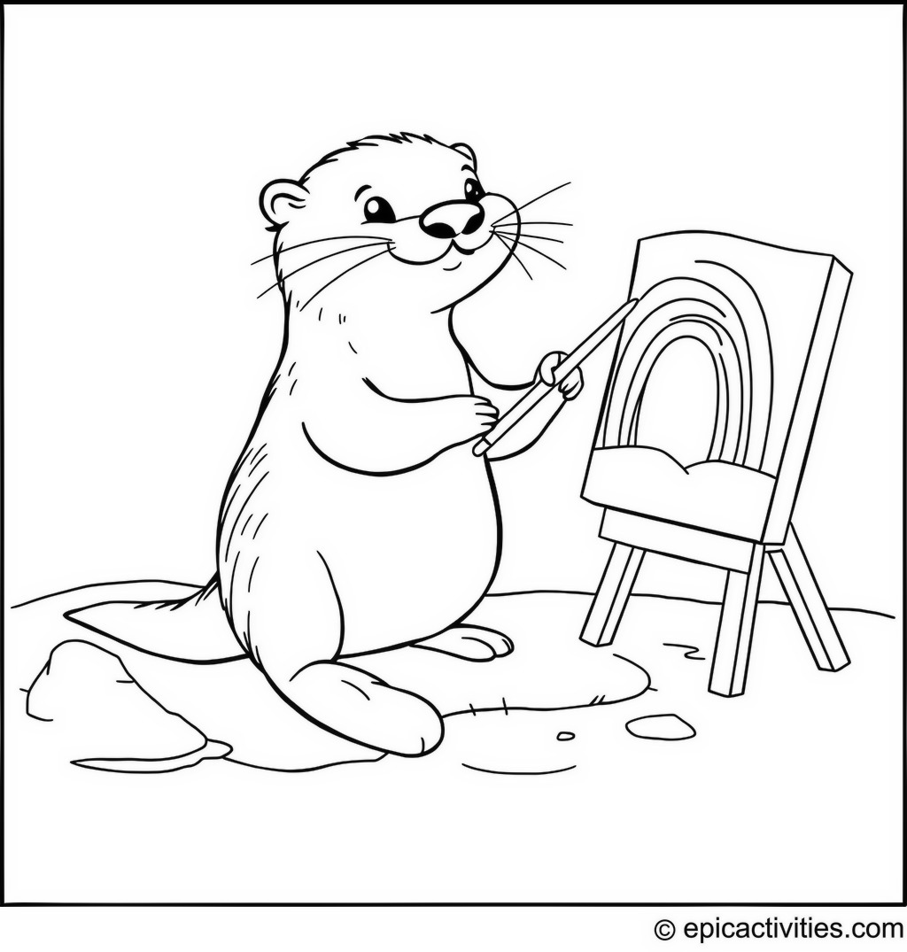 Coloring page of a Cartoon Otter Painting a Rainbow by the Water