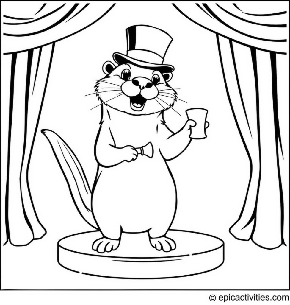 Coloring page of a Cartoon Otter Performing Magic Tricks on a Stage