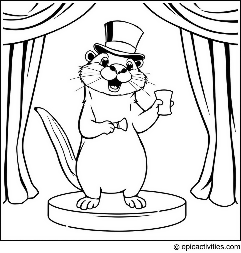 Coloring page of a Cartoon Otter Performing Magic Tricks on a Stage