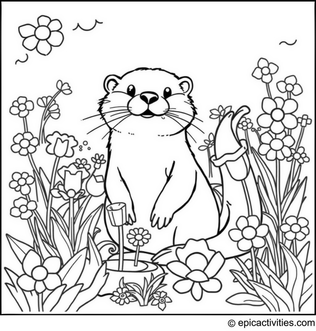 Coloring page of a cartoon otter planting flowers in a whimsical garden